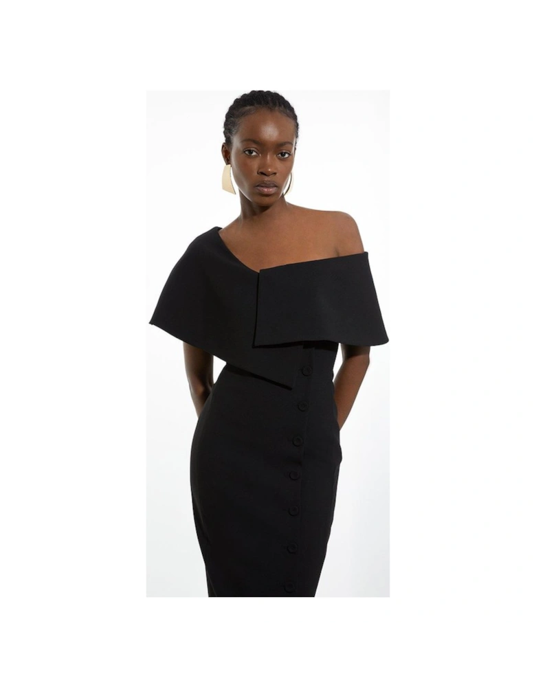 Petite Compact Stretch Off Shoulder Button Through Tailored Midi Pencil Dress