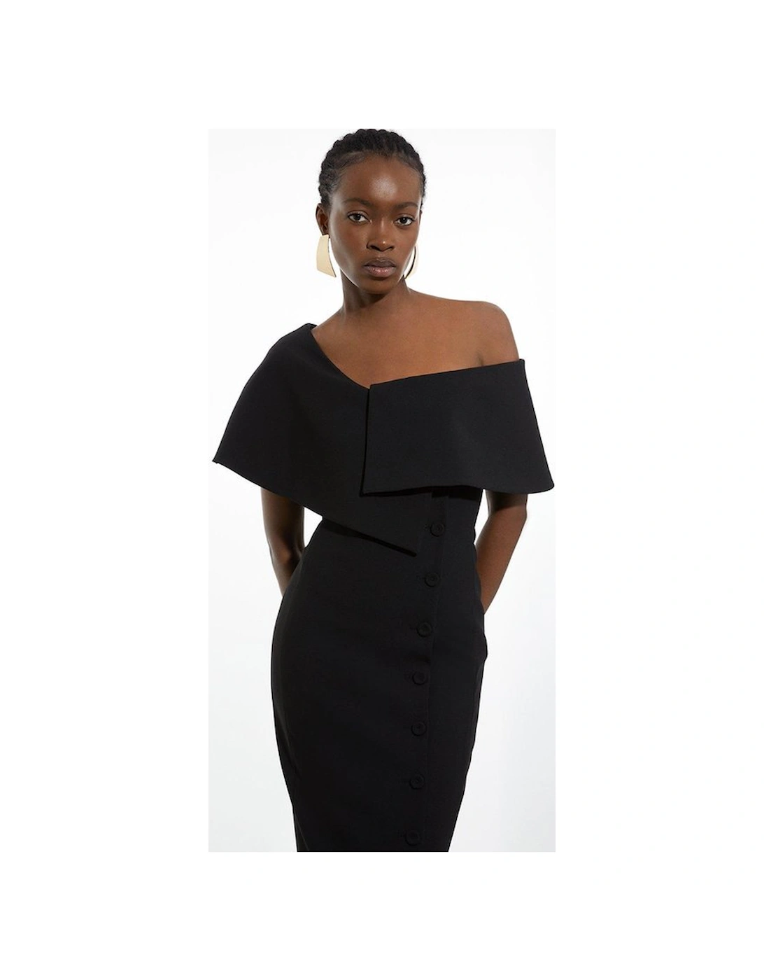 Petite Compact Stretch Off Shoulder Button Through Tailored Midi Pencil Dress