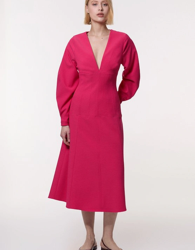 Textured Tailored Dropped Waist Sleeved Midaxi Dress