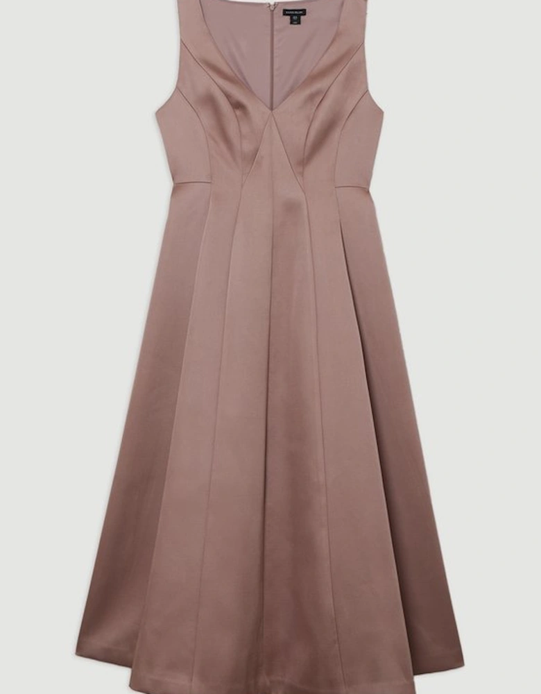 Viscose Satin Structured Tailored Seam Detail Midi Dress