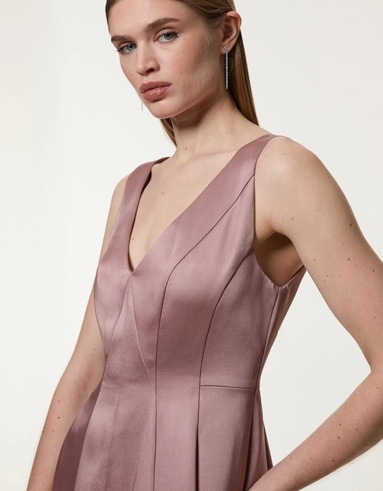 Viscose Satin Structured Tailored Seam Detail Midi Dress