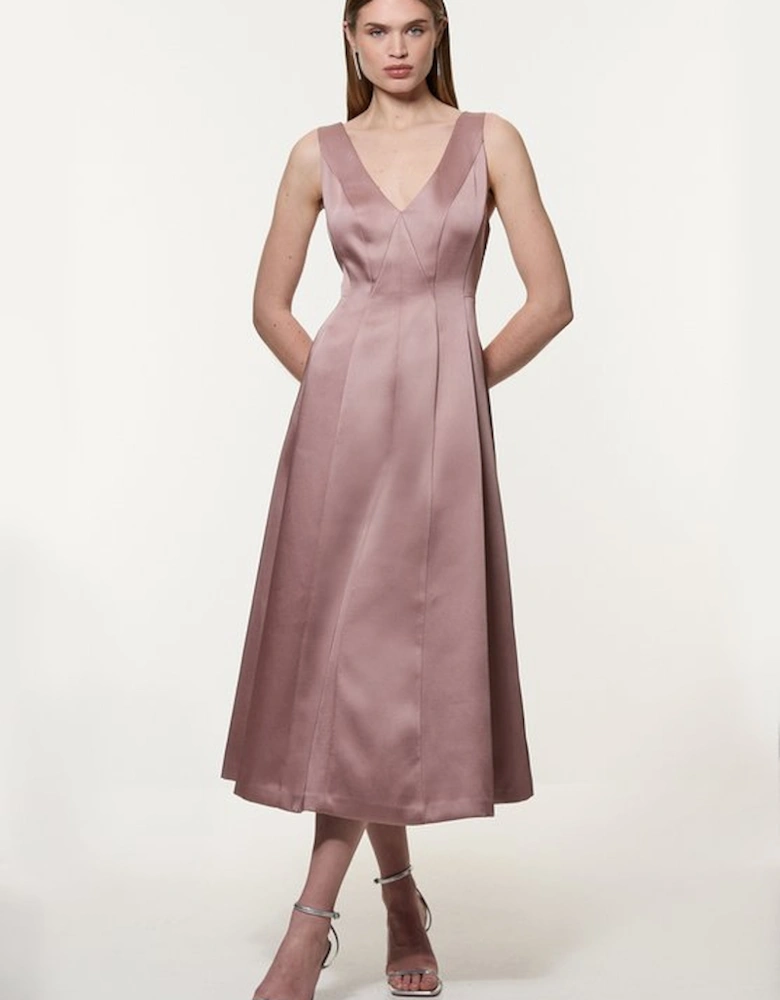Viscose Satin Structured Tailored Seam Detail Midi Dress