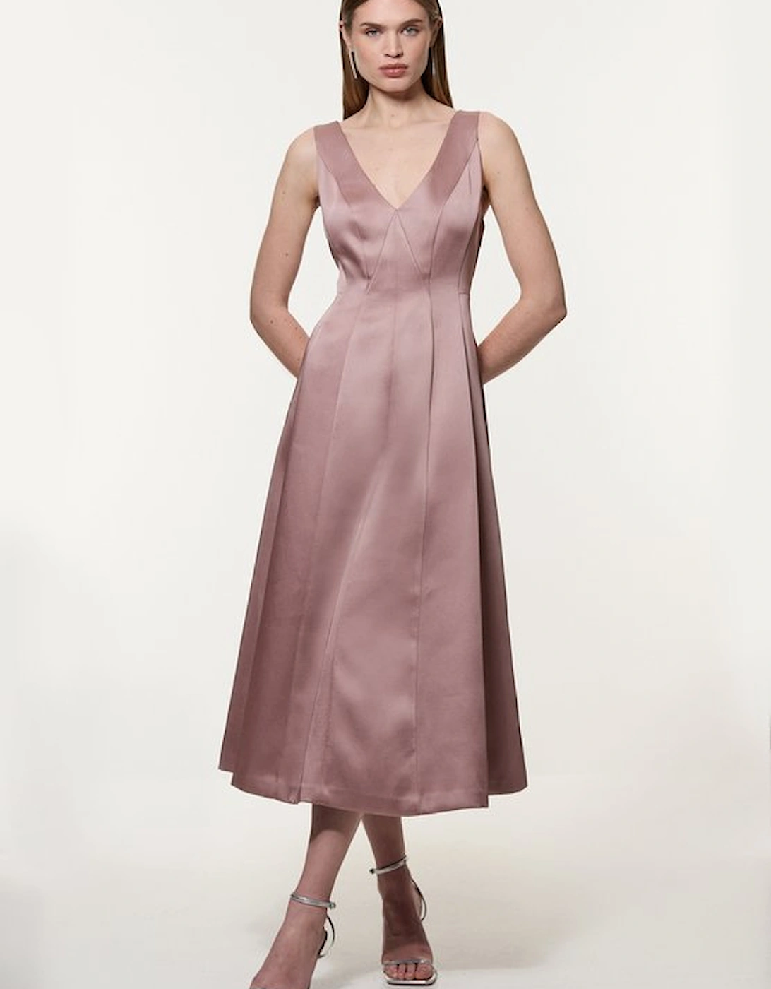 Viscose Satin Structured Tailored Seam Detail Midi Dress, 5 of 4