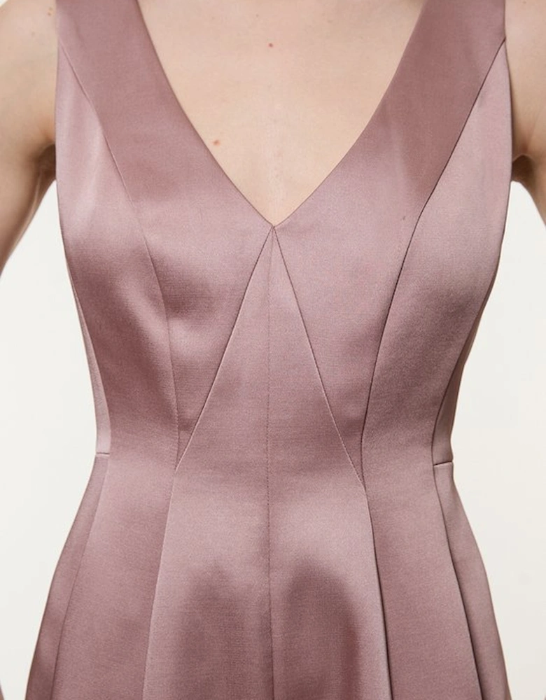 Viscose Satin Structured Tailored Seam Detail Midi Dress