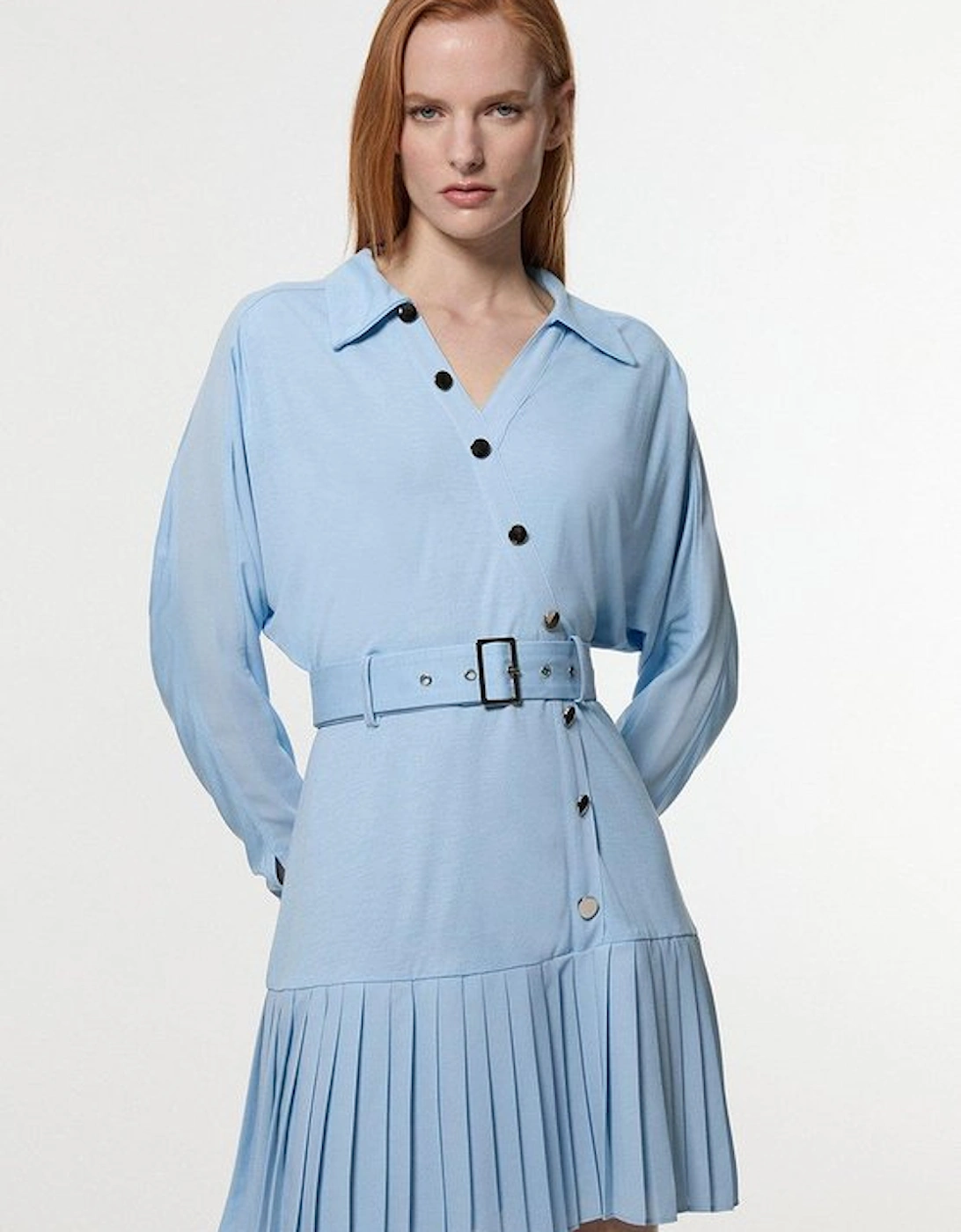 Jersey And Georgette Mix Belted Pleat Mini Dress, 5 of 4