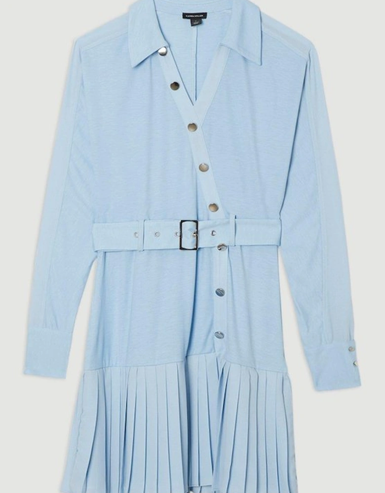 Jersey And Georgette Mix Belted Pleat Mini Dress