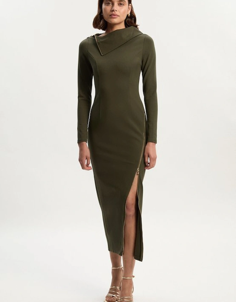 Ponte Envelope Neck Dress With Zip Split Detail
