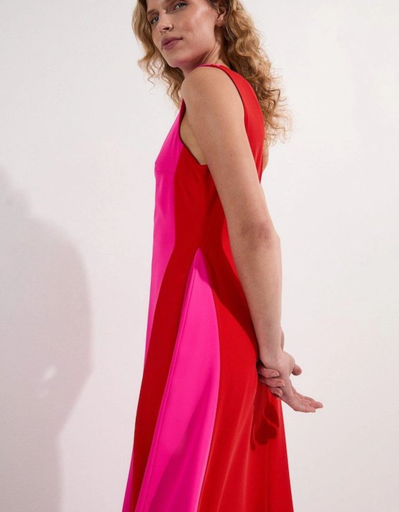 Soft Tailored Asymmetric Neck Full Skirted Tailored Midi Dress