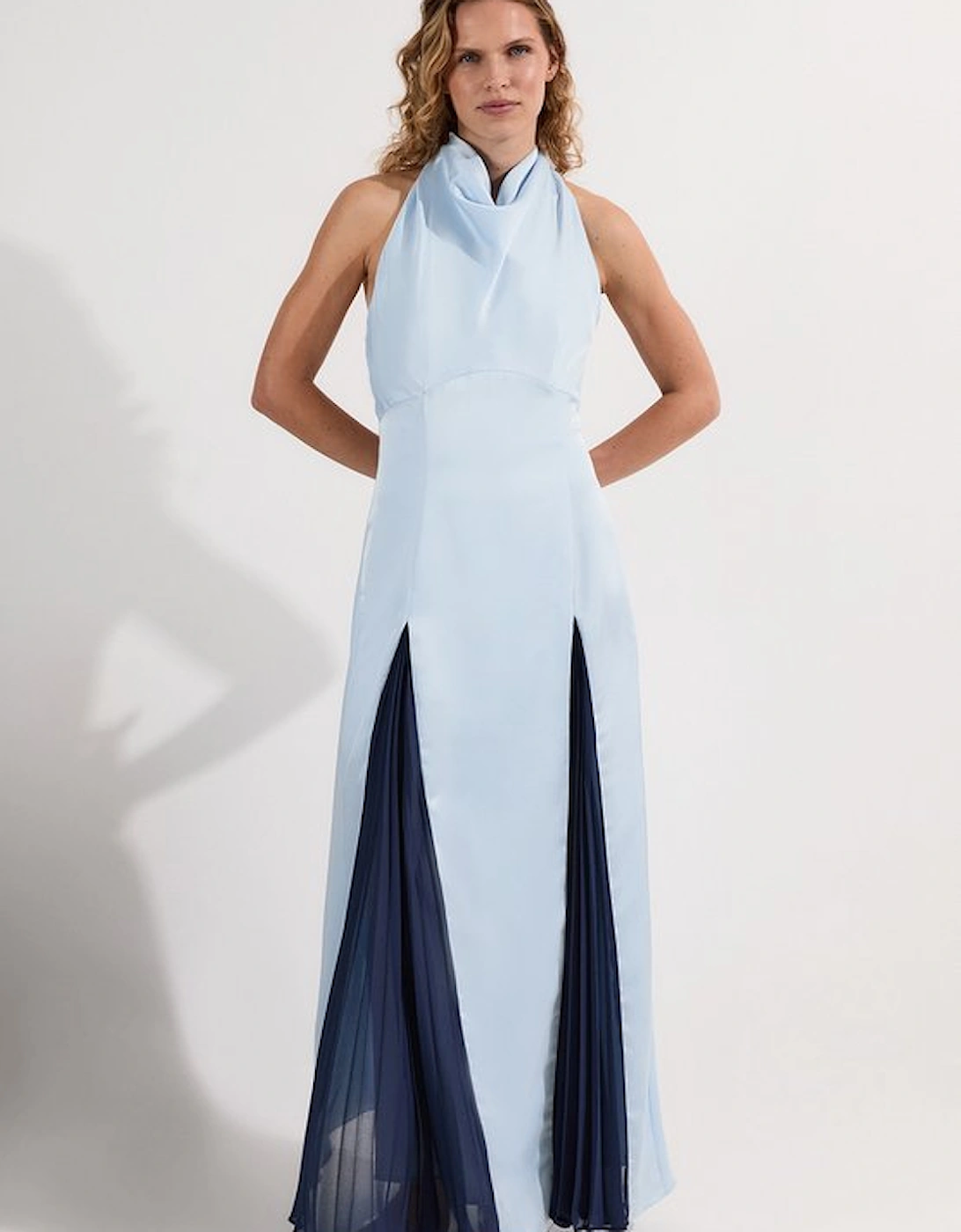 Drama Halter Pleat Insert Woven Satin Maxi Dress, 5 of 4