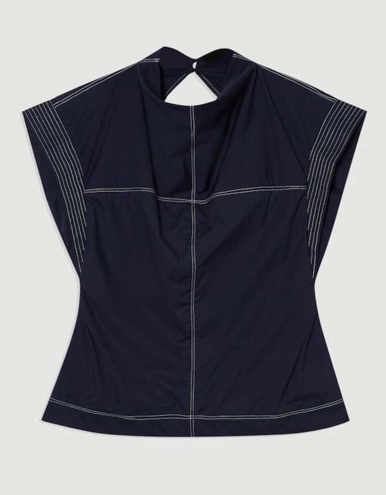 Top Stitch Cotton Poplin Open Back Woven Top