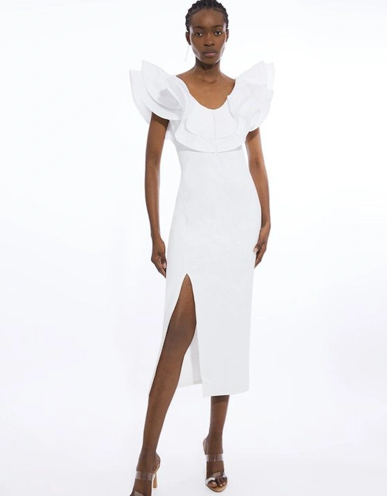 Ruffle Ponte And Cotton Mix Jersey Side Split Midi Dress