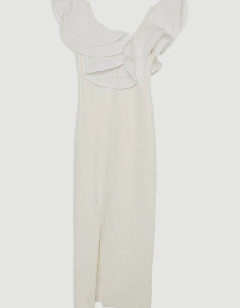 Ruffle Ponte And Cotton Mix Jersey Side Split Midi Dress