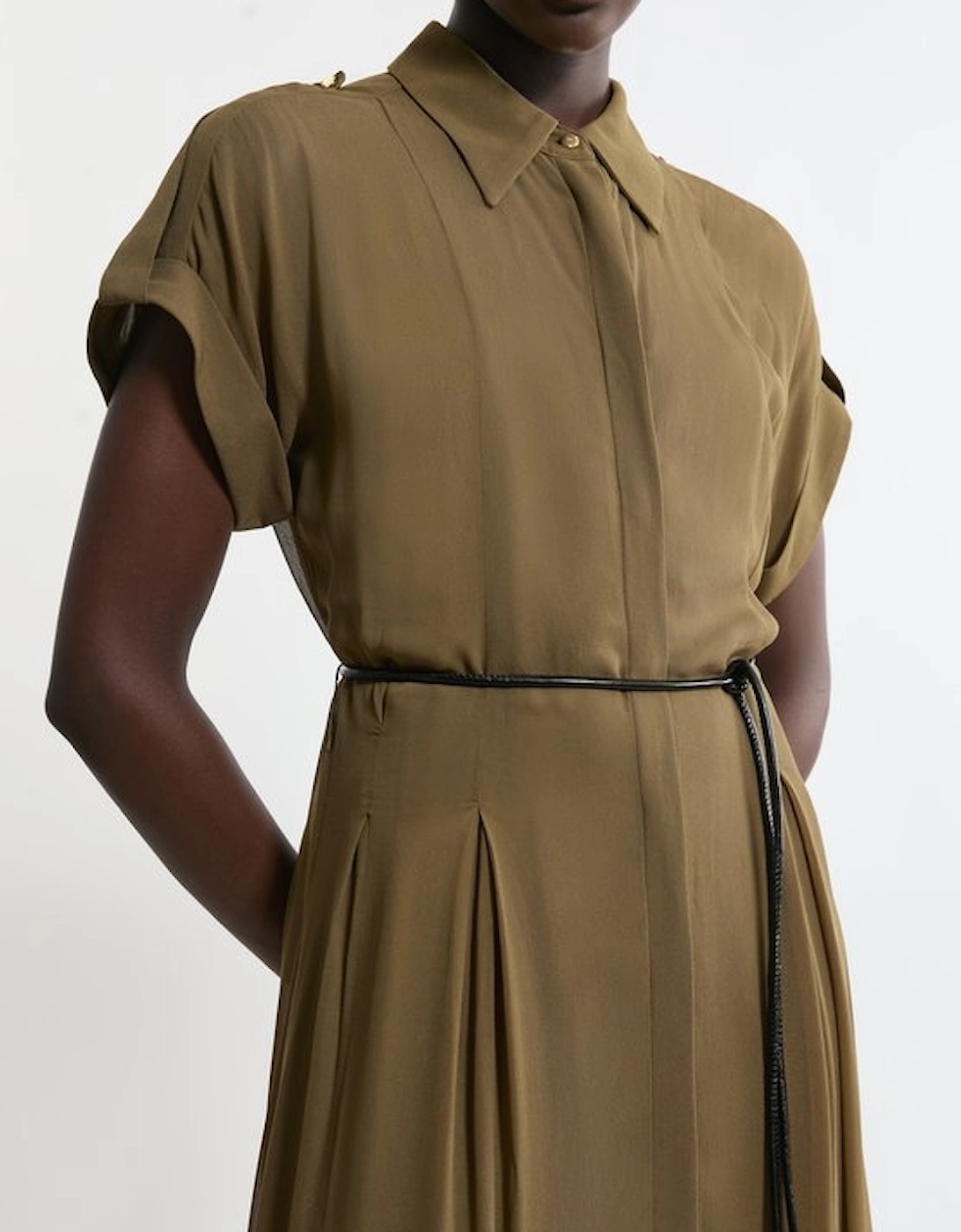 Pleated Woven Viscose Maxi Shirt Dress