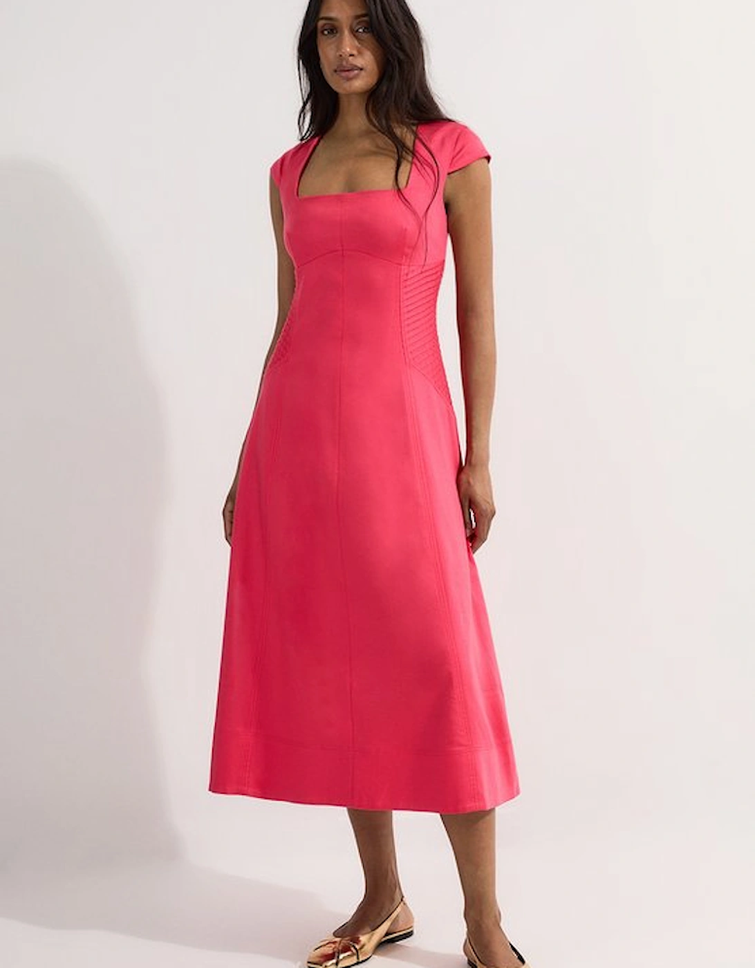 Premium Linen Pintuck Detail Full Skirted Tailored Midi Dress