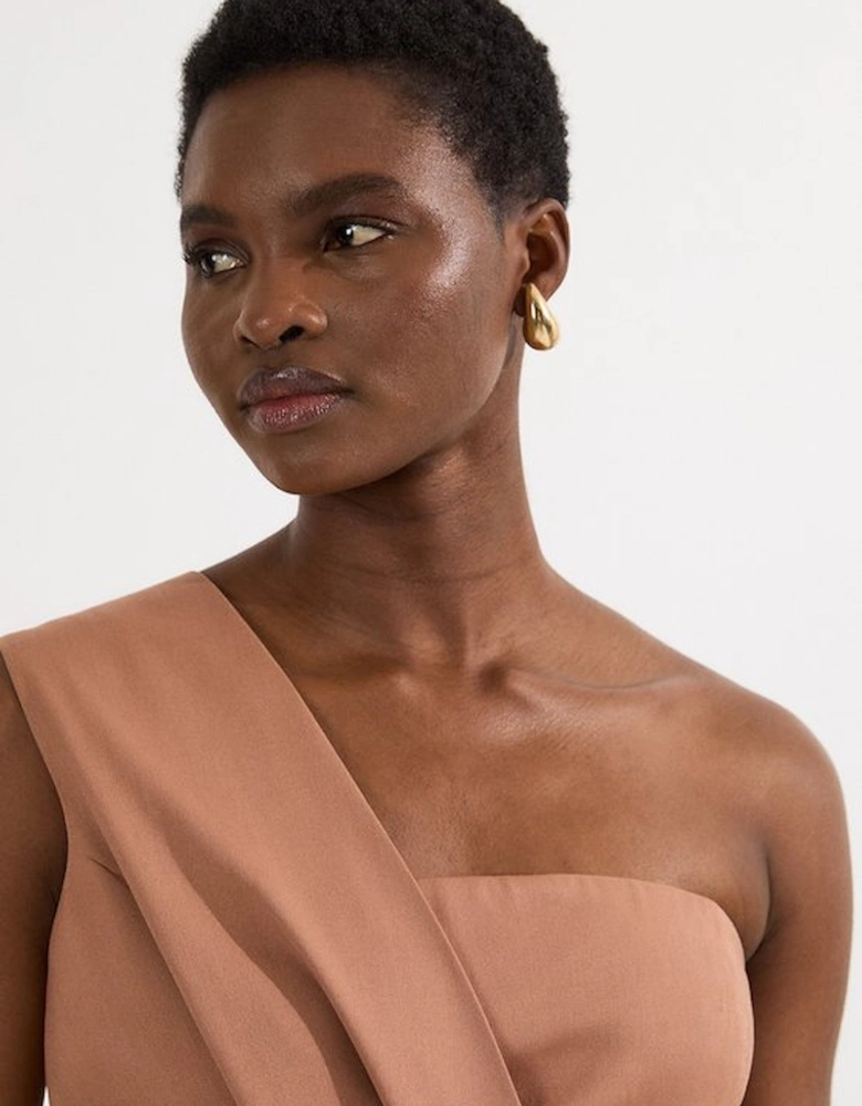 Petite Tailored One Shoulder Tuck Detail Pencil Midi Dress