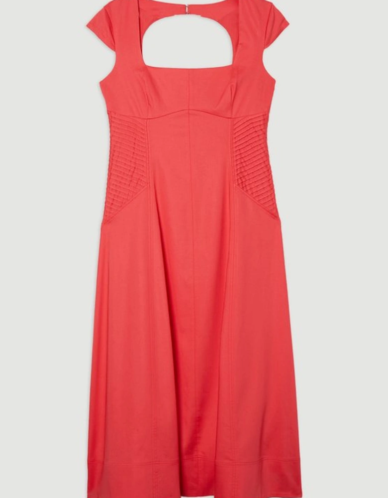 Premium Linen Pintuck Detail Full Skirted Tailored Midi Dress