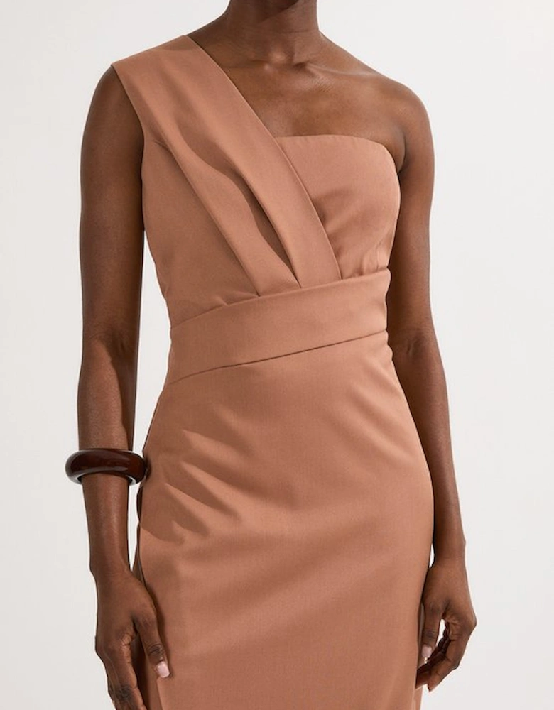 Petite Tailored One Shoulder Tuck Detail Pencil Midi Dress
