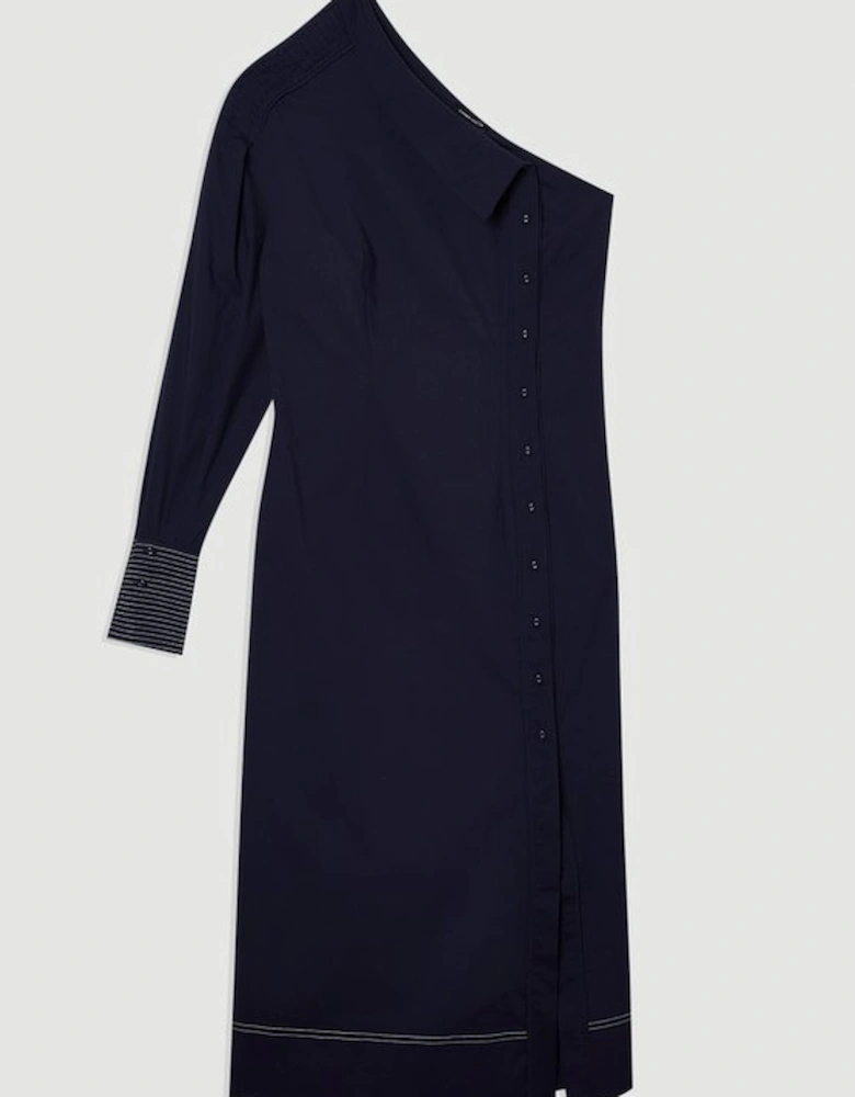 Cotton Poplin Top Stitch Detail One Shoulder Woven Midi Dress