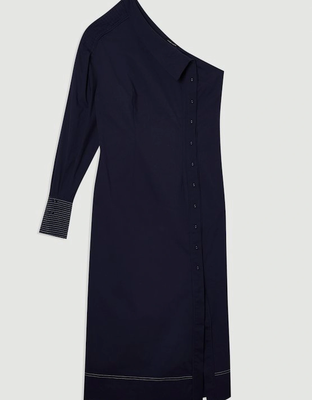 Cotton Poplin Top Stitch Detail One Shoulder Woven Midi Dress