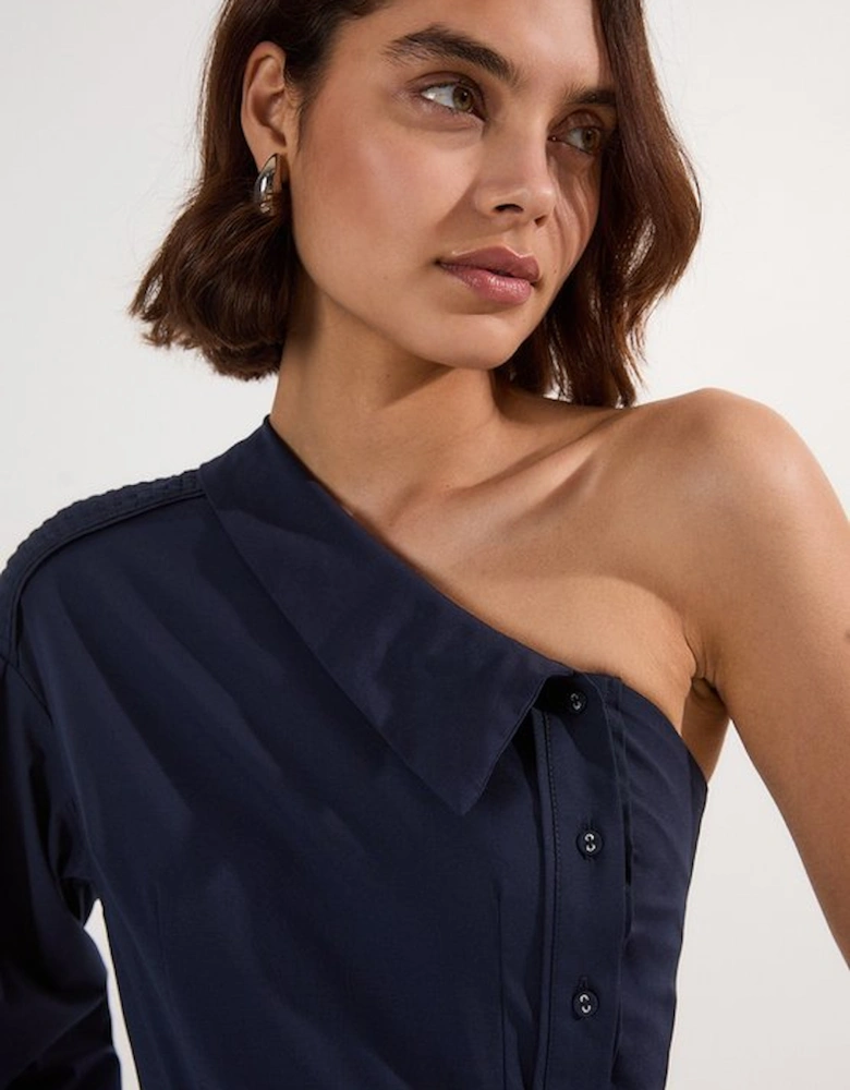 Cotton Poplin Top Stitch Detail One Shoulder Woven Midi Dress