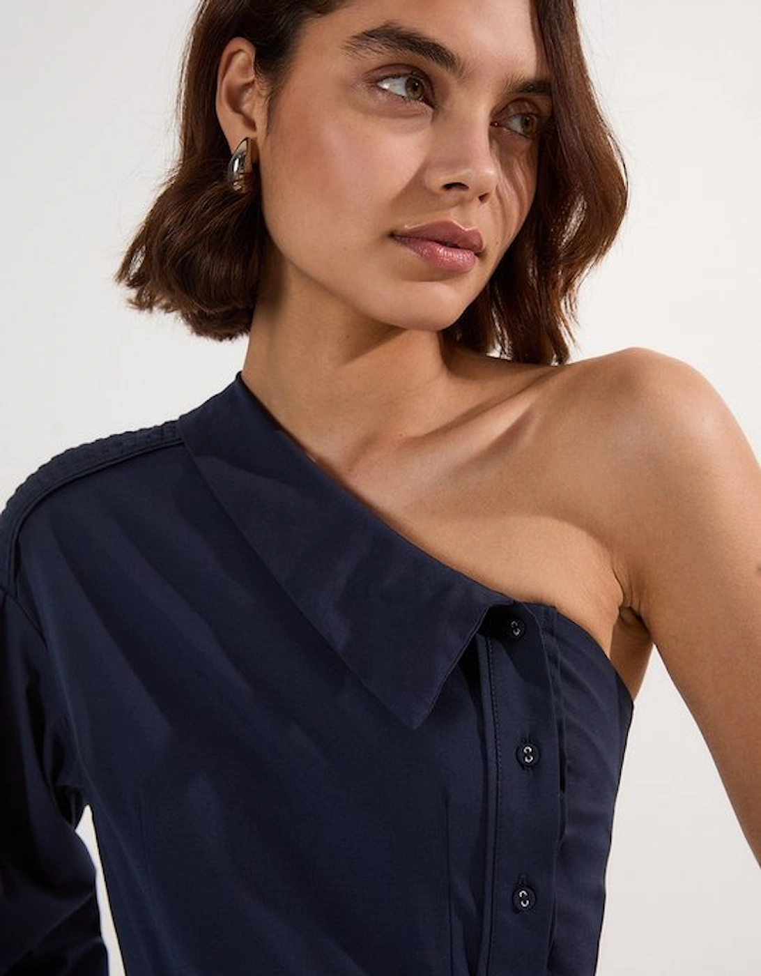 Cotton Poplin Top Stitch Detail One Shoulder Woven Midi Dress