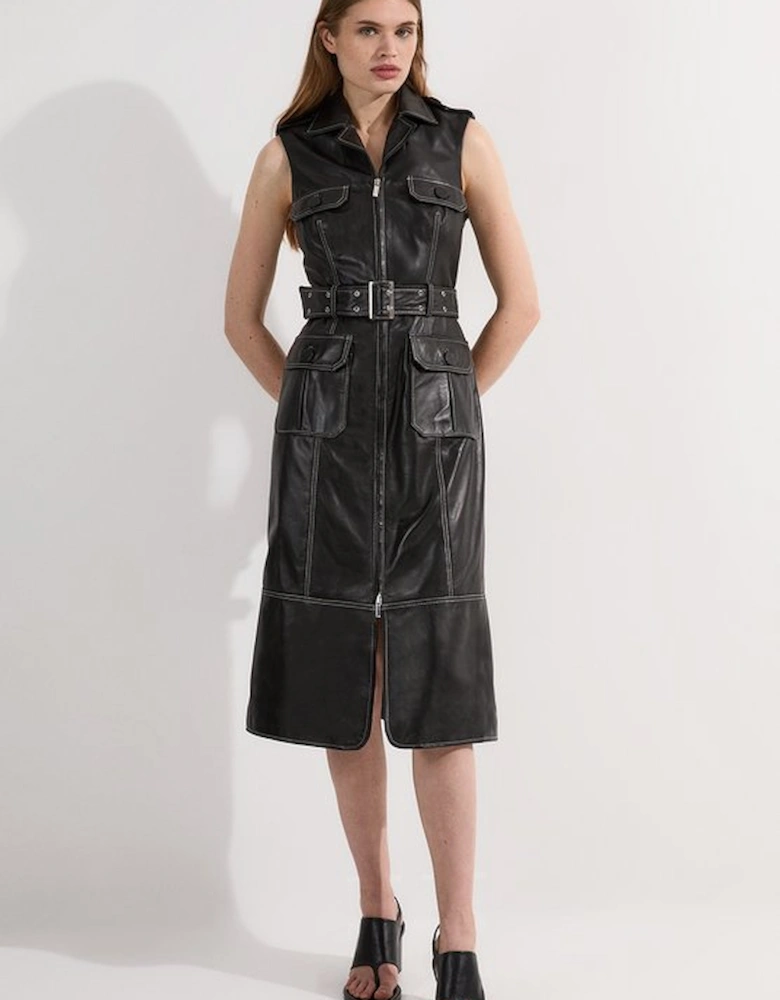 Petite Leather Contrast Stitch Belted Sleeveless Midi Dress