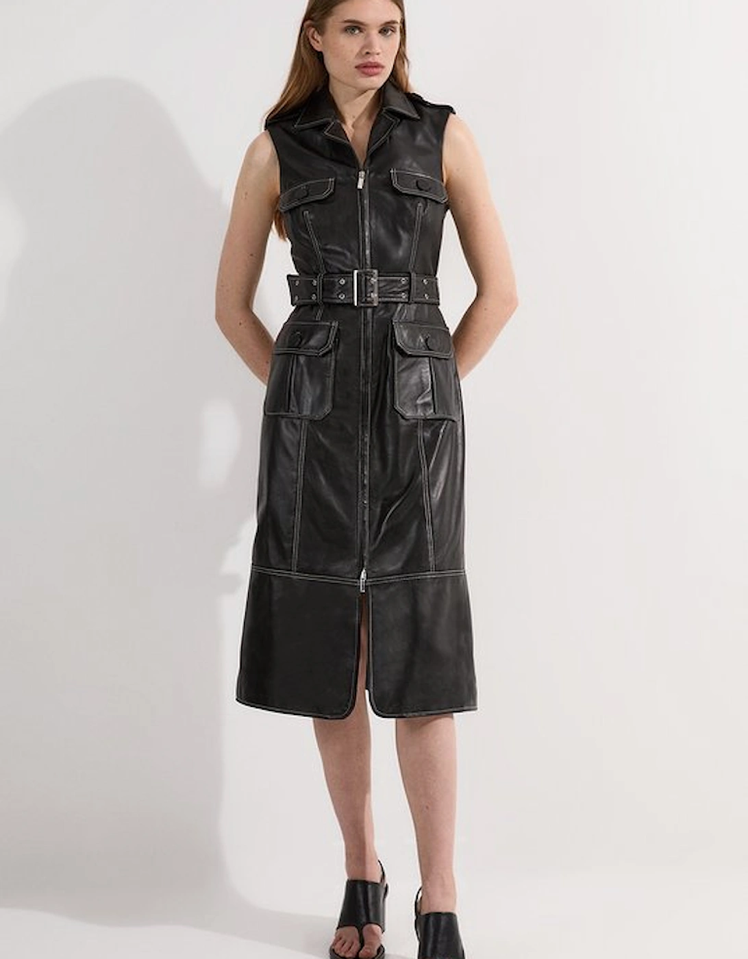 Petite Leather Contrast Stitch Belted Sleeveless Midi Dress, 4 of 3