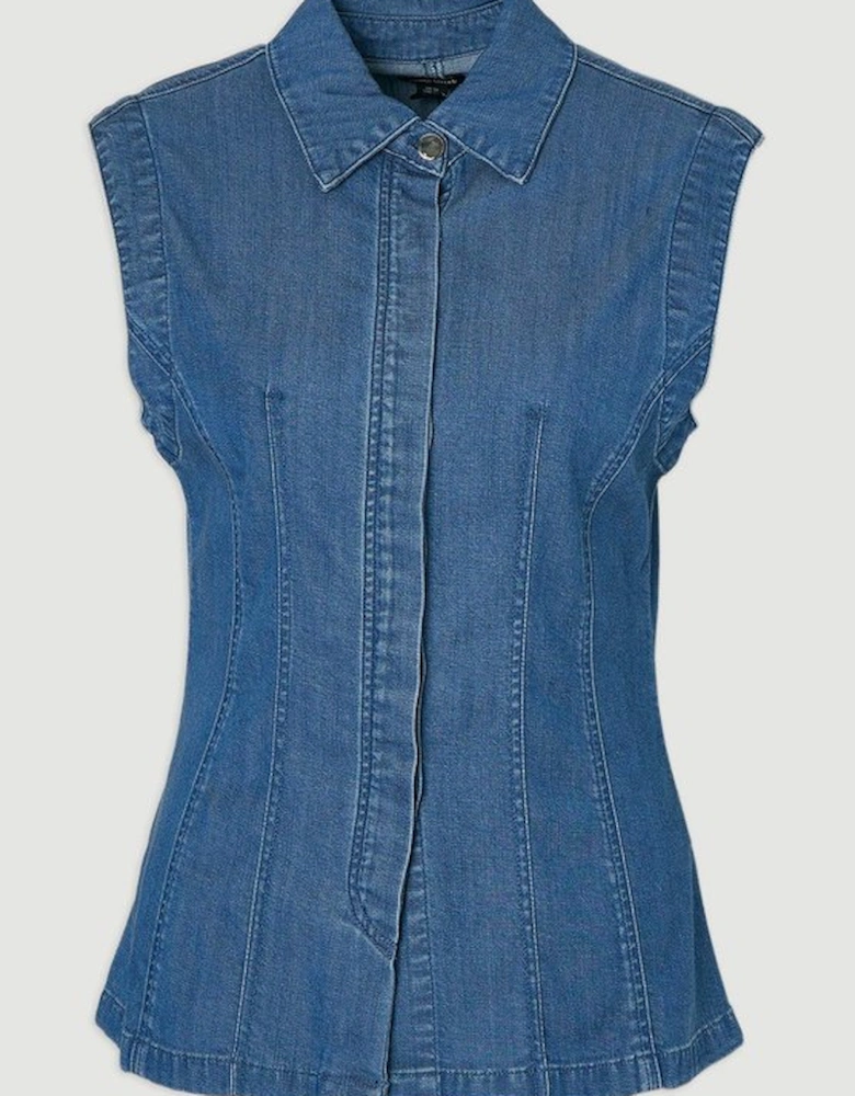 Chambray Stretch Denim Sleeveless Collared Top