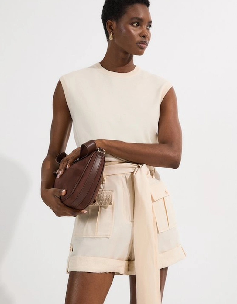 Linen Twill Top Stitch Belted Woven Short