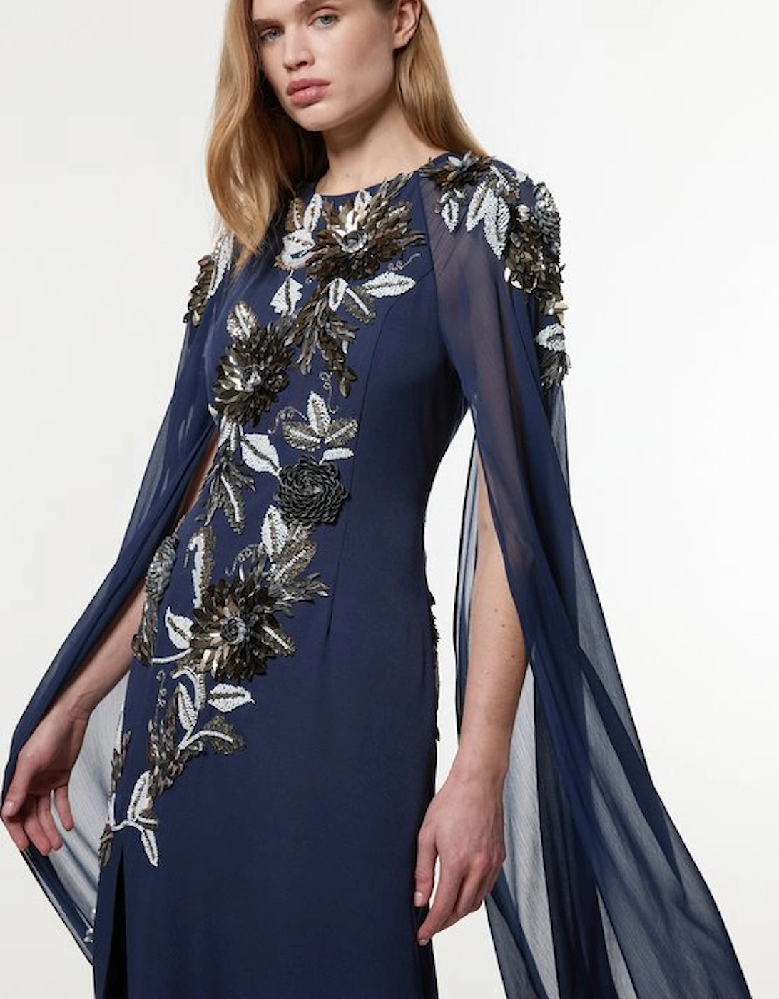 Floral 3D Embellished Drama Cape Sleeve Woven Maxi Dress, 5 of 4