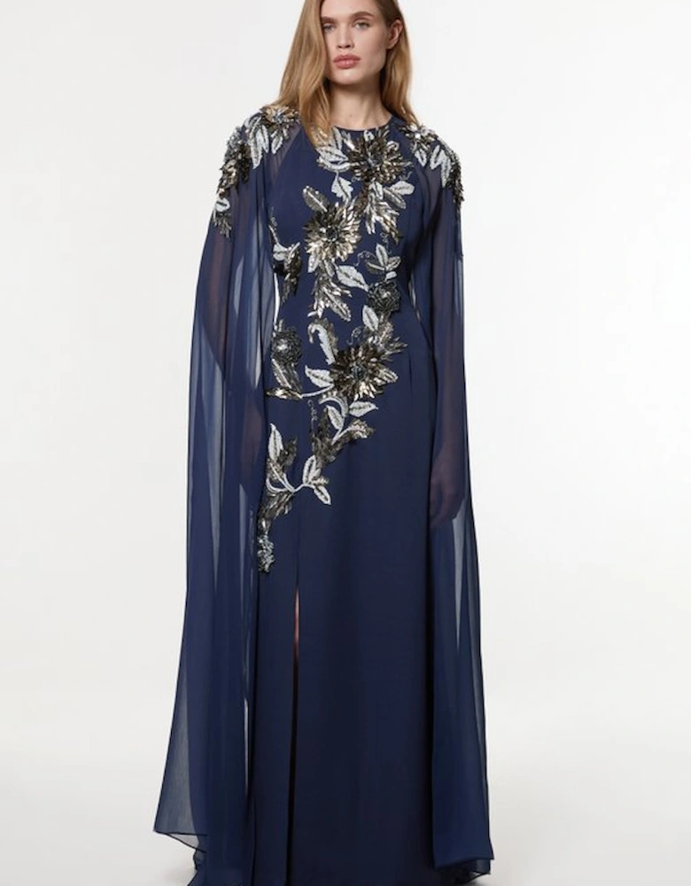 Floral 3D Embellished Drama Cape Sleeve Woven Maxi Dress
