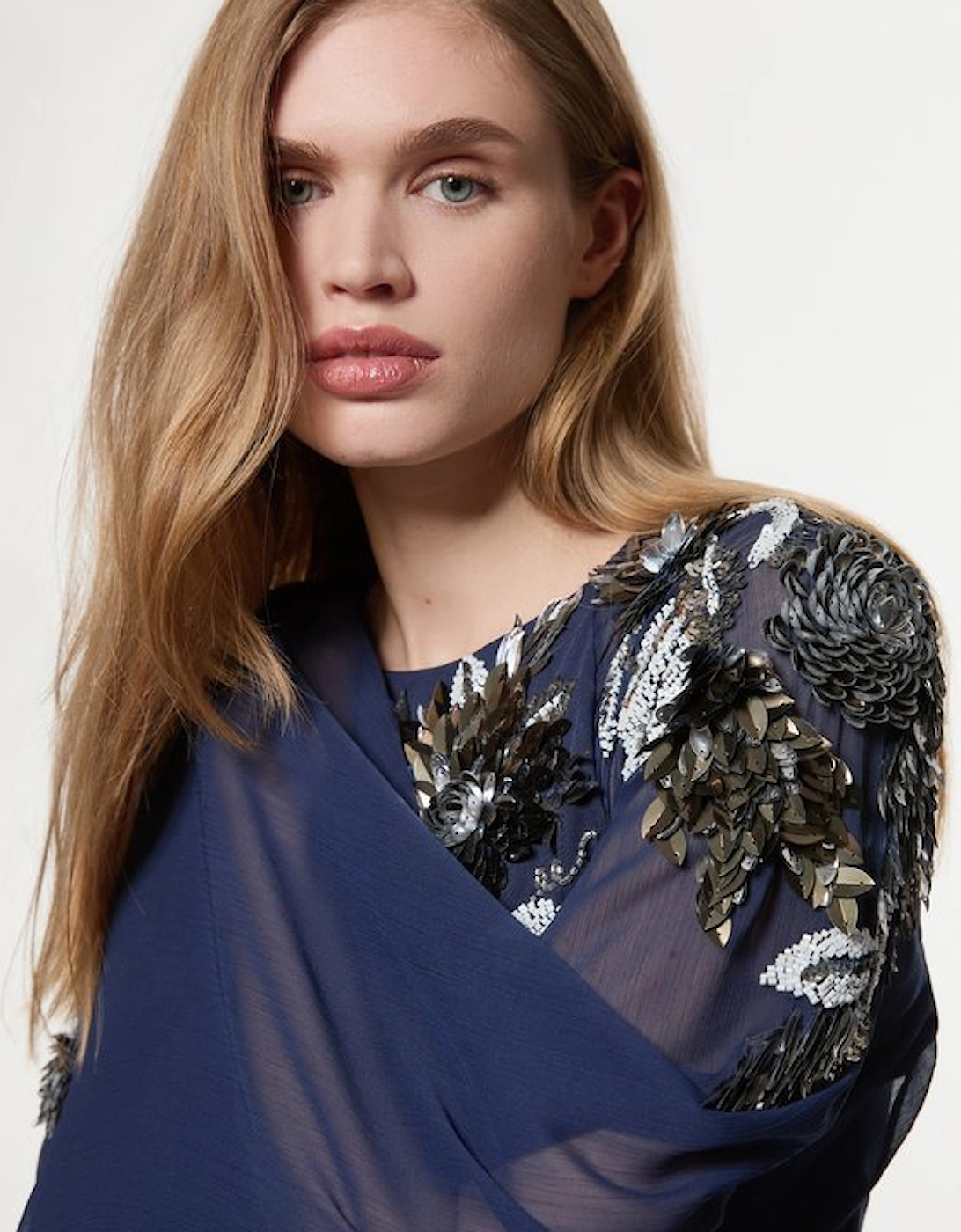 Floral 3D Embellished Drama Cape Sleeve Woven Maxi Dress