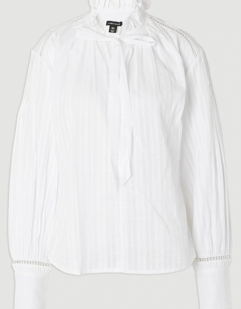 Cotton With Lace Trim Insert High Neck Puff Sleeve Blouse