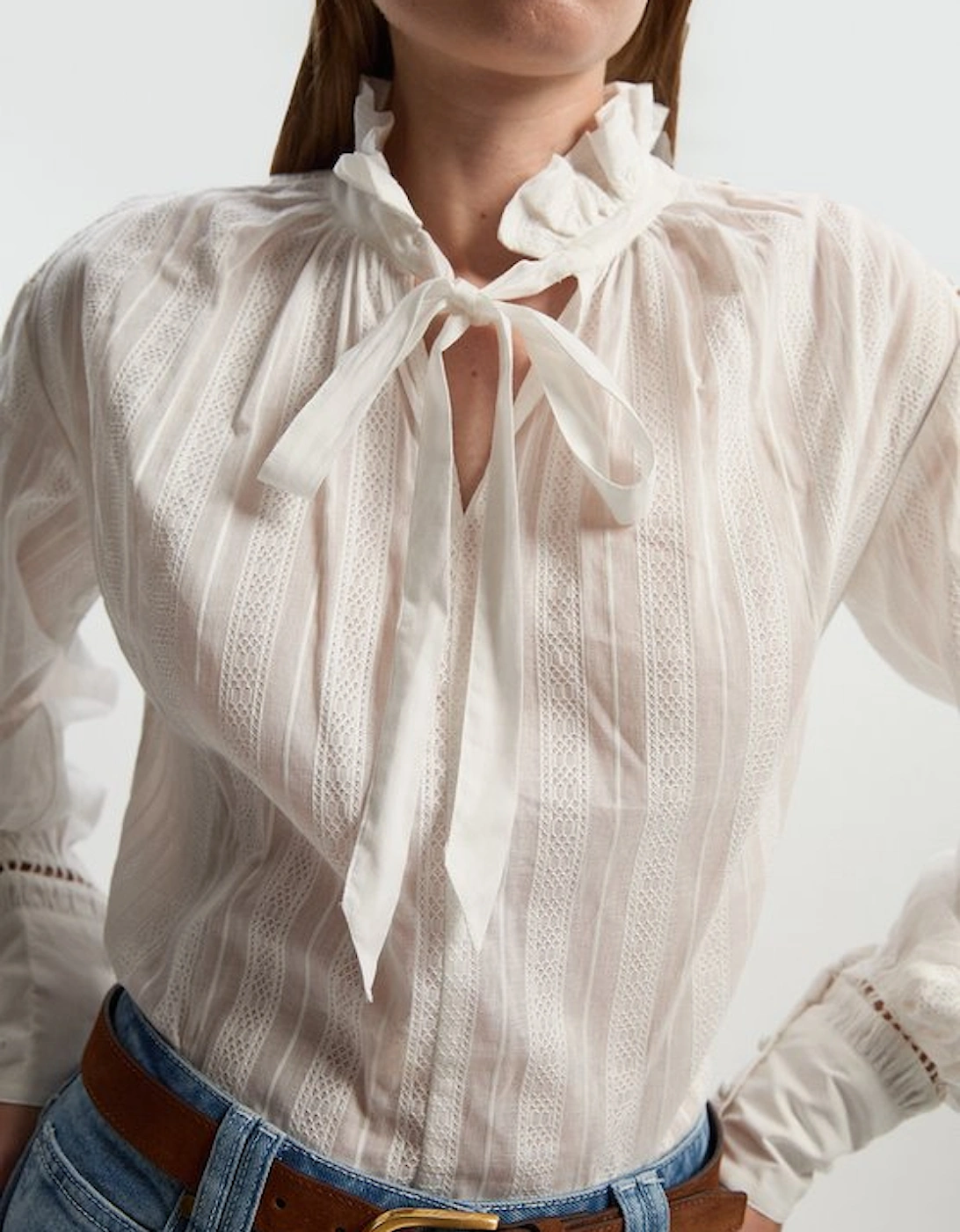 Cotton With Lace Trim Insert High Neck Puff Sleeve Blouse