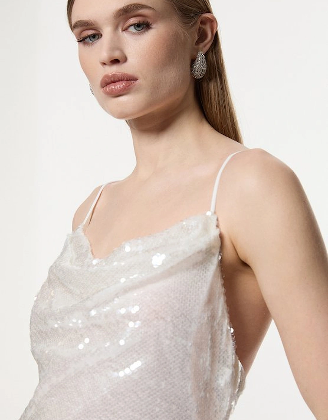 Petite Liquid Shine Strappy Cowl Neck Woven Sequin Dress