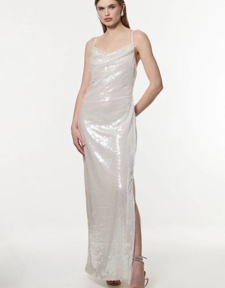 Petite Liquid Shine Strappy Cowl Neck Woven Sequin Dress