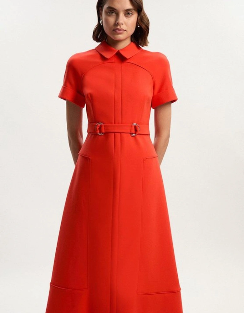 Compact Stretch Tab Detail Full Skirted Midi Dress