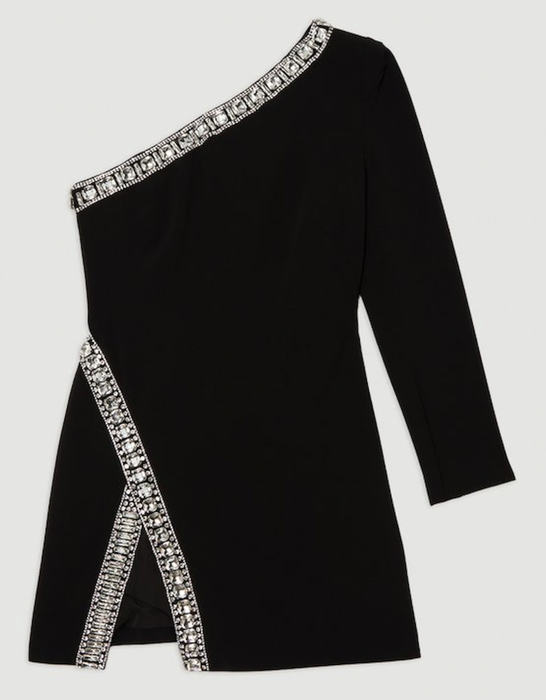 Crystal Embellished One Shoulder Woven Mini Dress