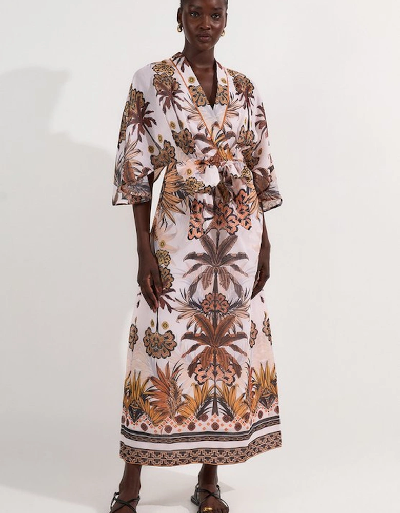 Abstract Print Cotton Kimono Sleeve Woven Maxi Dress
