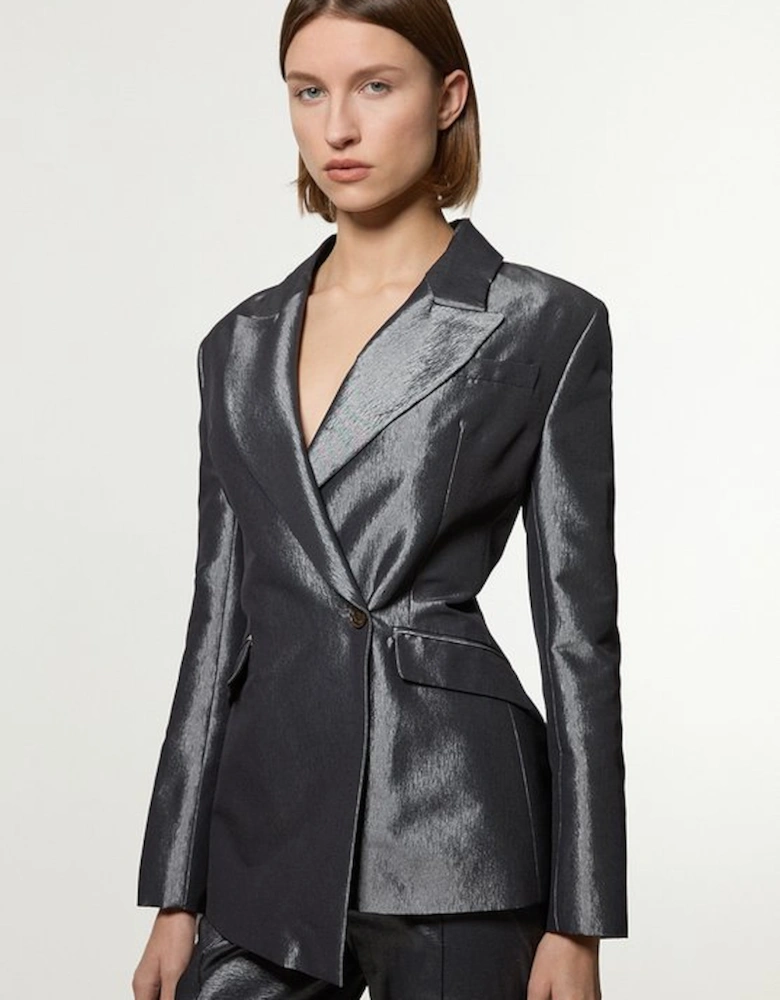 Fluid Tailored Metallic Asymmetric Wrap Blazer