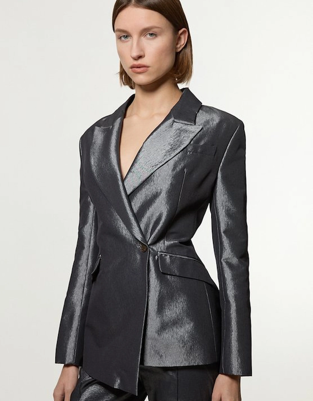 Fluid Tailored Metallic Asymmetric Wrap Blazer, 5 of 4