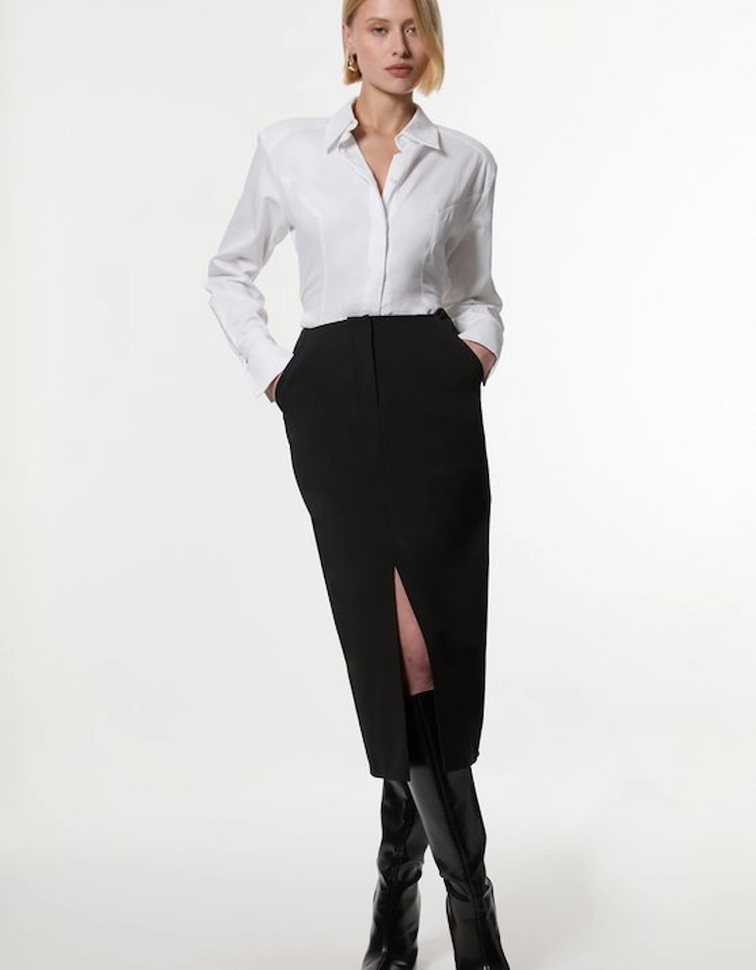 Compact Stretch Stab Stitch Tailored Pencil Midi Skirt, 4 of 3