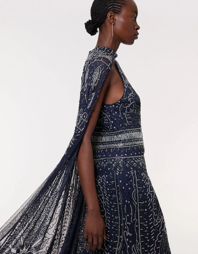 Premium Embellished High Neck Woven Maxi Dress With Cape