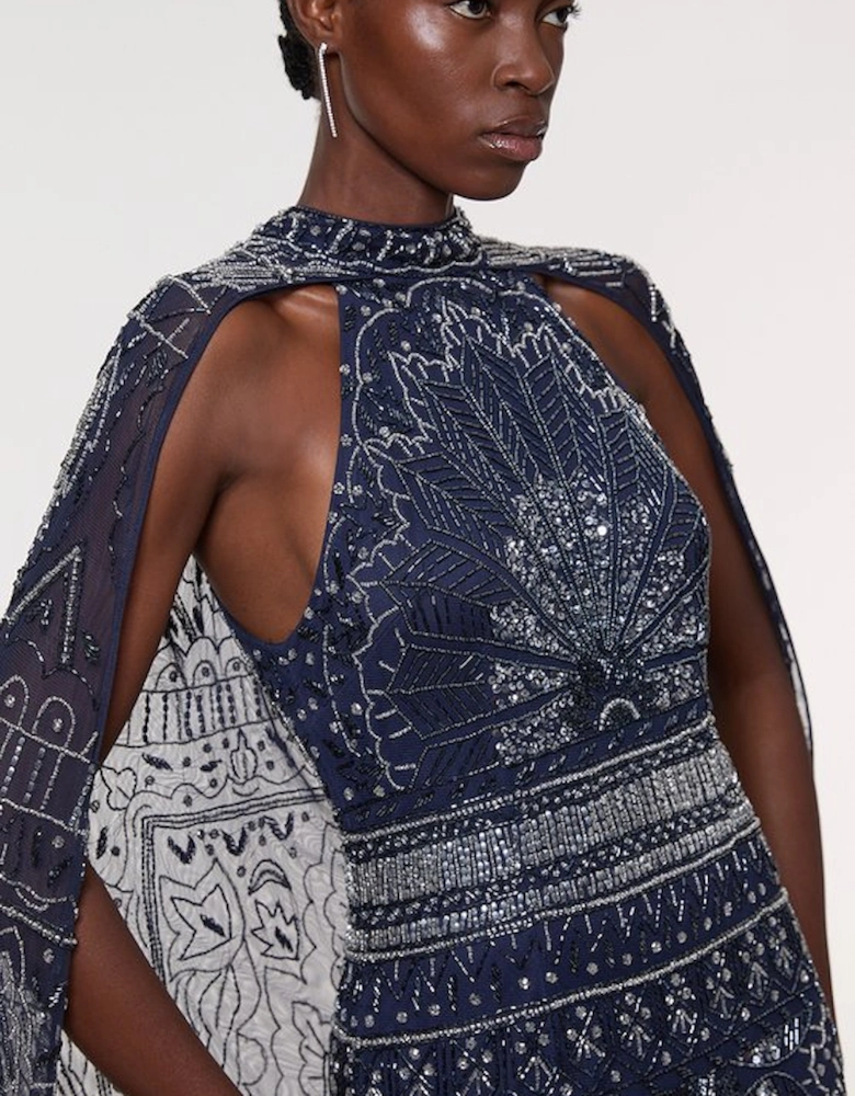 Premium Embellished High Neck Woven Maxi Dress With Cape