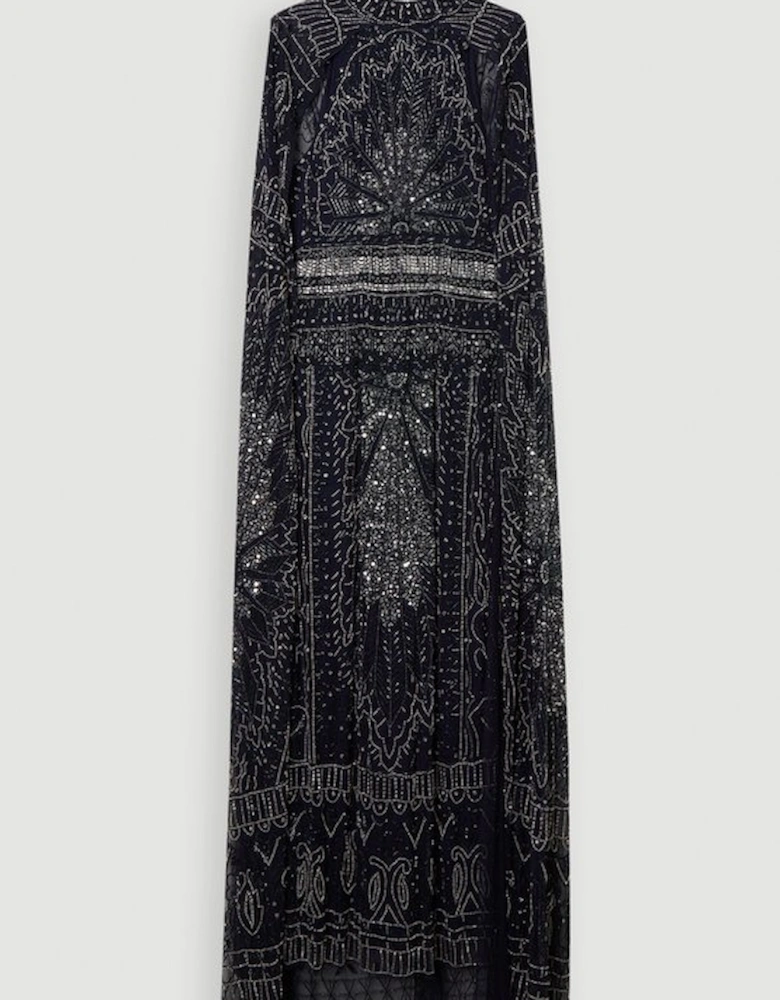 Premium Embellished High Neck Woven Maxi Dress With Cape