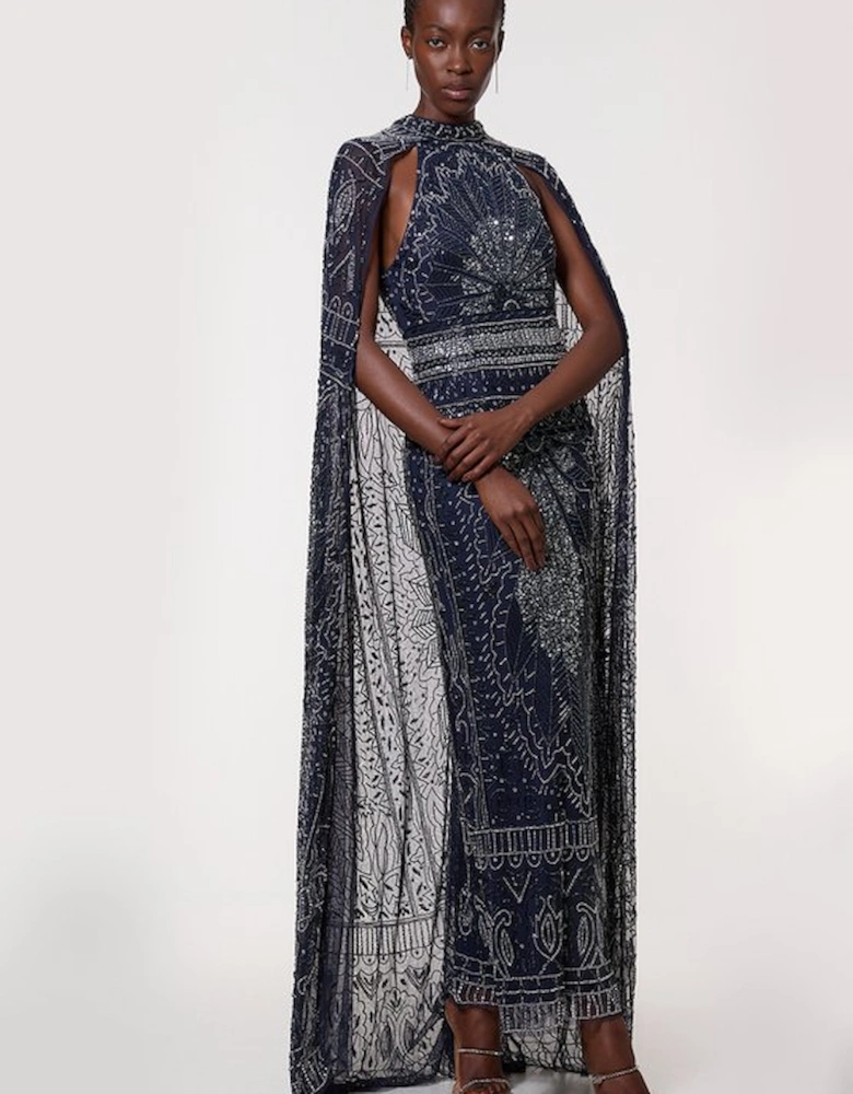 Premium Embellished High Neck Woven Maxi Dress With Cape