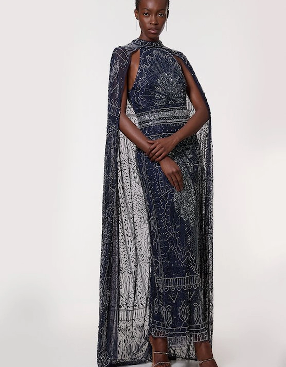 Premium Embellished High Neck Woven Maxi Dress With Cape, 5 of 4