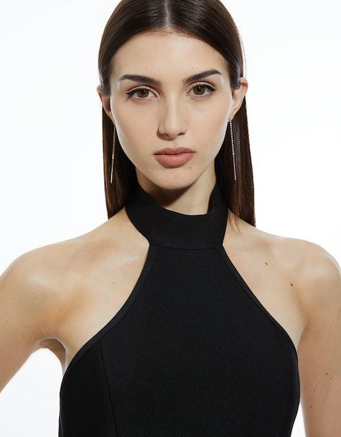 Figure Form Bandage Ruffle Hem Halter Knit Midi Dress