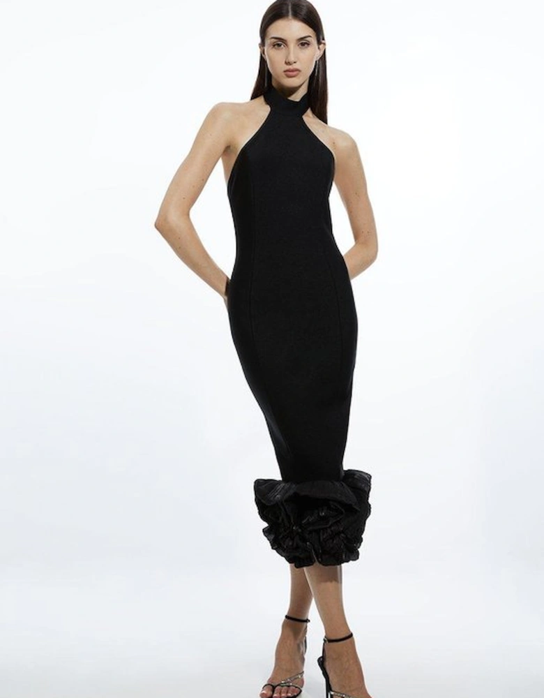Figure Form Bandage Ruffle Hem Halter Knit Midi Dress