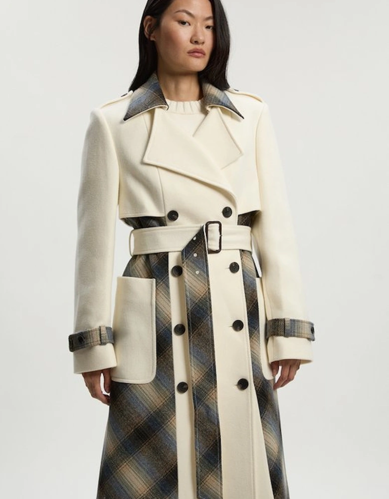 Wool Check Tailored Belted Trench Midi Coat